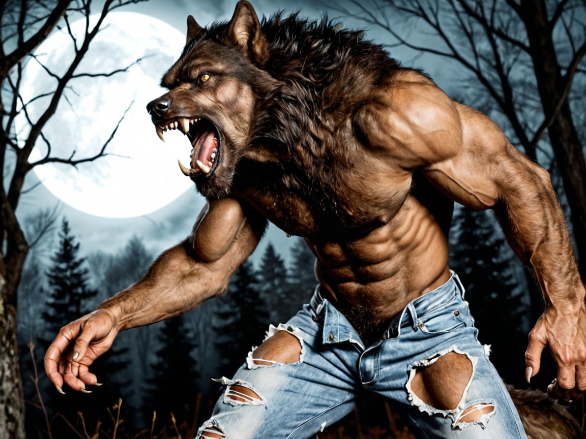 Highly Detailed, Werewolf Glowering Down At The Viewer, Detailed Skin Texture Porno IA Gay