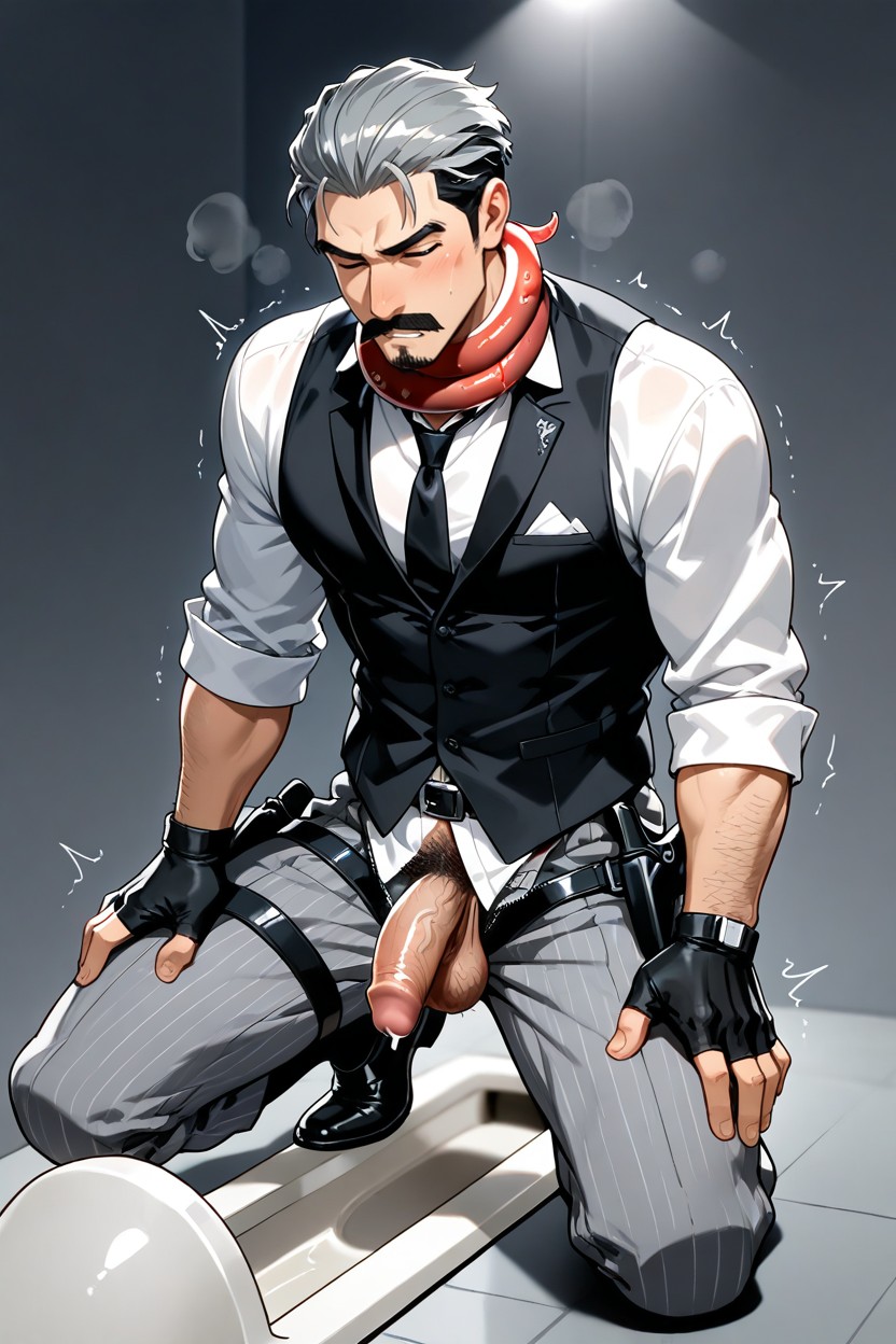 Kneeling With Legs Spread Apart, Black Tie, Flaccid Penis AI Gay Porn
