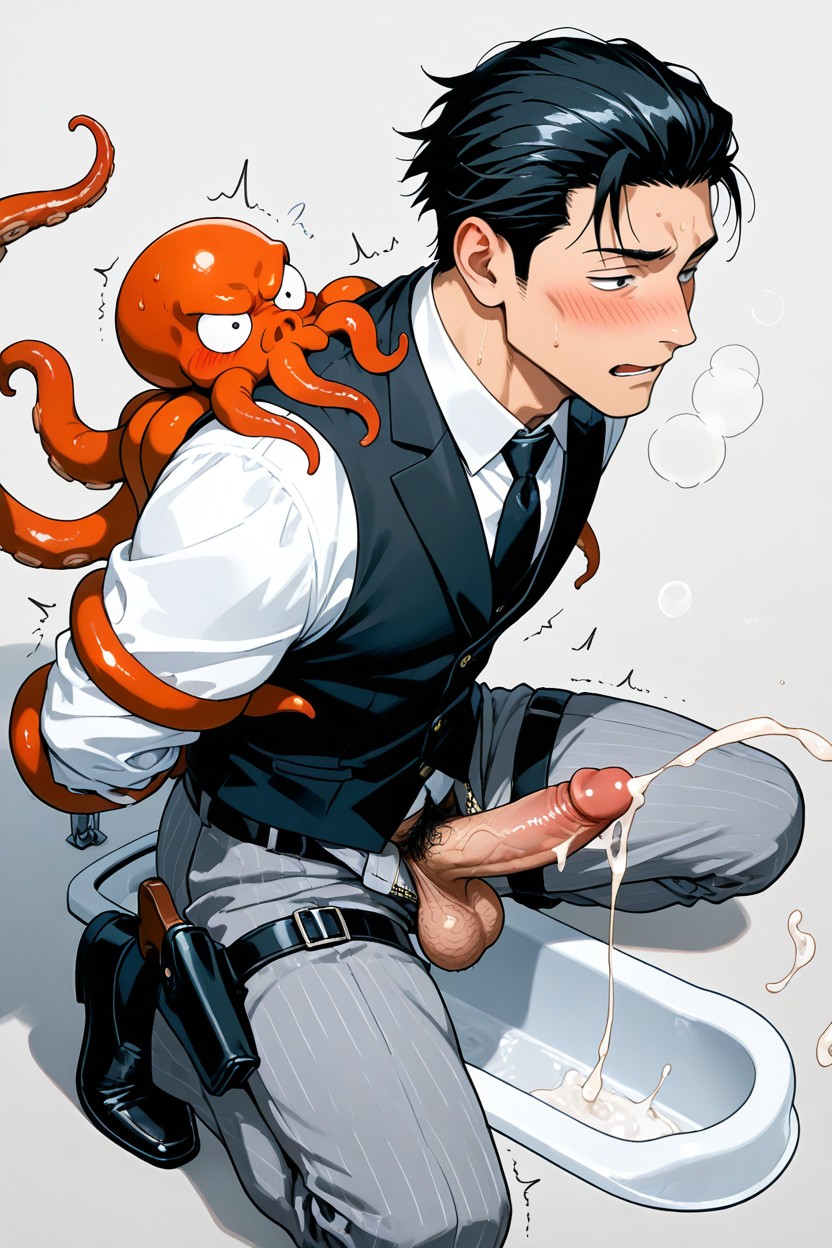 Black Hair, Gun Holster Harness On Thigh, Dagon Octopus From Jujutsu Kaisen Wrapping Tentacles Around Cock And Balls AI Gay Porn