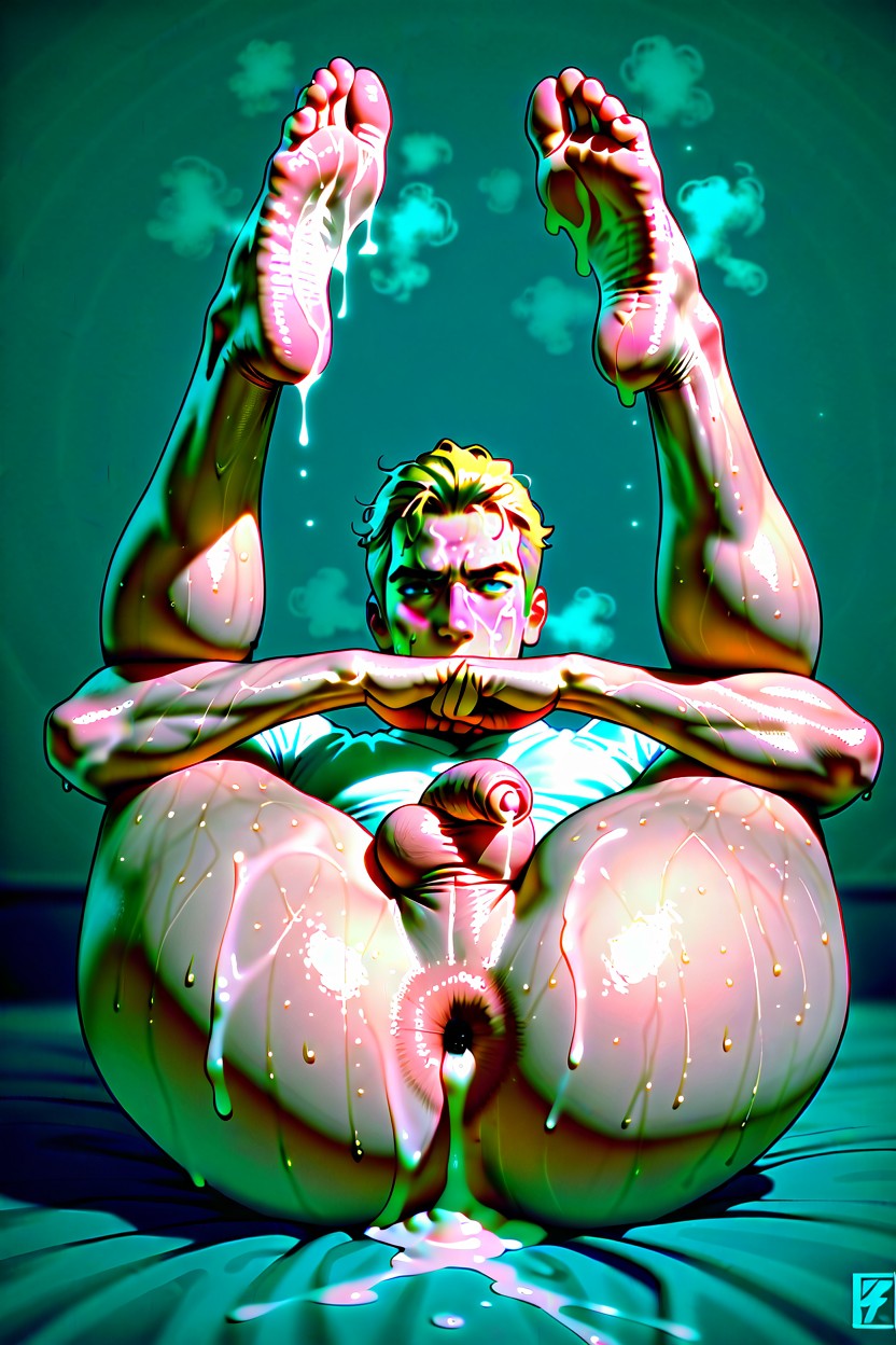 Feet Pointing Down, After Sex, Exposed Bright Pink Anus AI Gay Porn