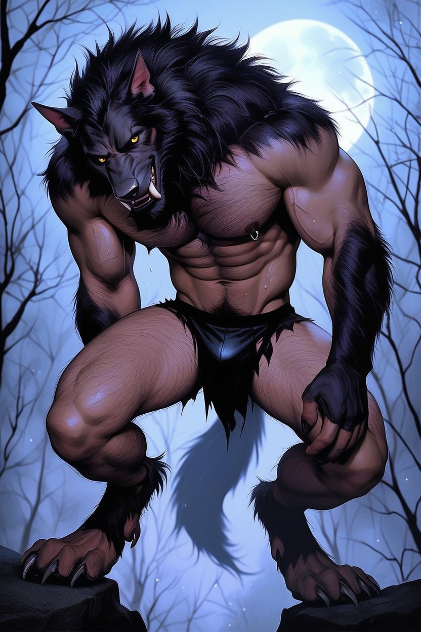 The Werewolf Has Features, Muscular Werewolf, Werewolf Has Thick Black Colored Fur AI Gay Porn