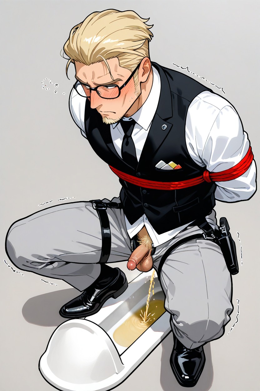 Urinating, White Color Button Up Shirt, Black Tie AI Gay Porn