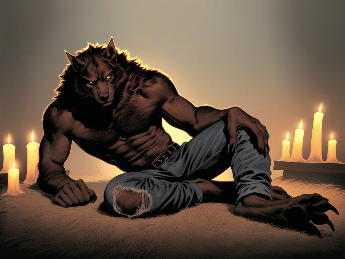 Werewolf Has A Massive Oversized Torso, Atmospheric Lighting With Candles, Paw Feet AI Gay Porn