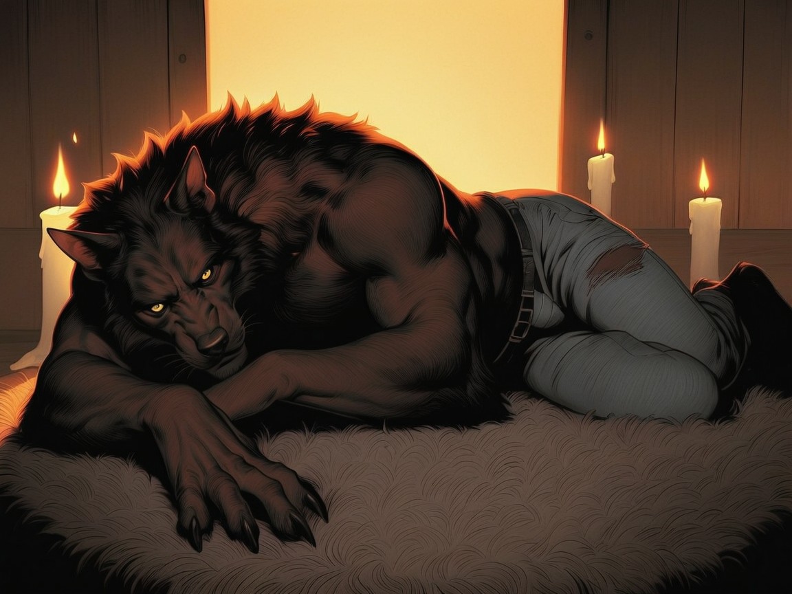 Werewolf Laying On A Shag Rug, Detailed Skin Texture, Detailed Brown Fur Porno gay IA
