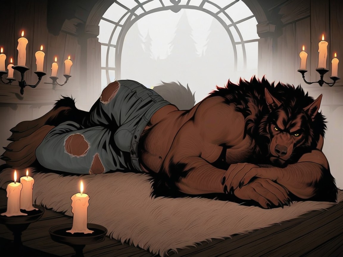 Heavy Fog In The Air, Werewolf Has A Massive Oversized Torso, Wearing Ripped Jeans AI Gay Porn