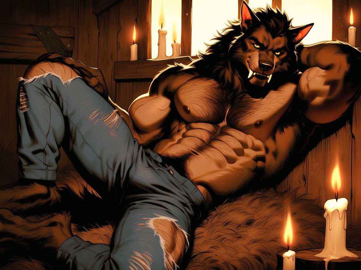 Werewolf With Arm Resting Behind His Head, Paw Feet, Desaturated Cool Tones Porno IA Gay