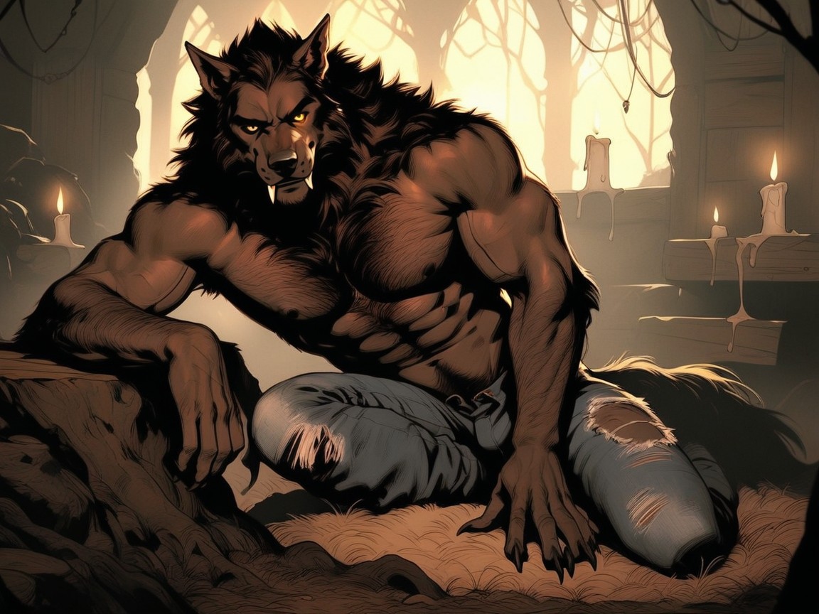 Werewolf Laying On A Shag Rug In Front Of A Warm Fire Place, Detailed Skin Texture, Paw Feet AI Gay Porn
