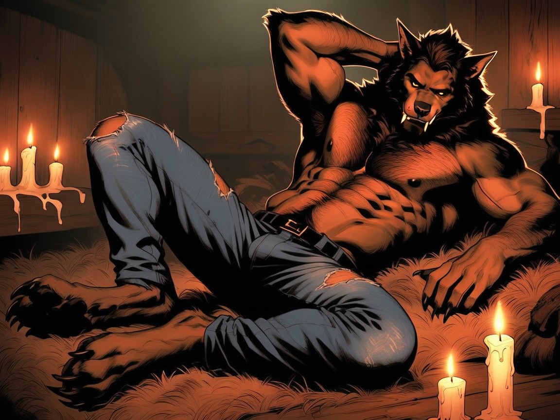 Detailed Skin Texture, Werewolf Laying On Its Side And Posing Seductively, Werewolf AI Gay Porn