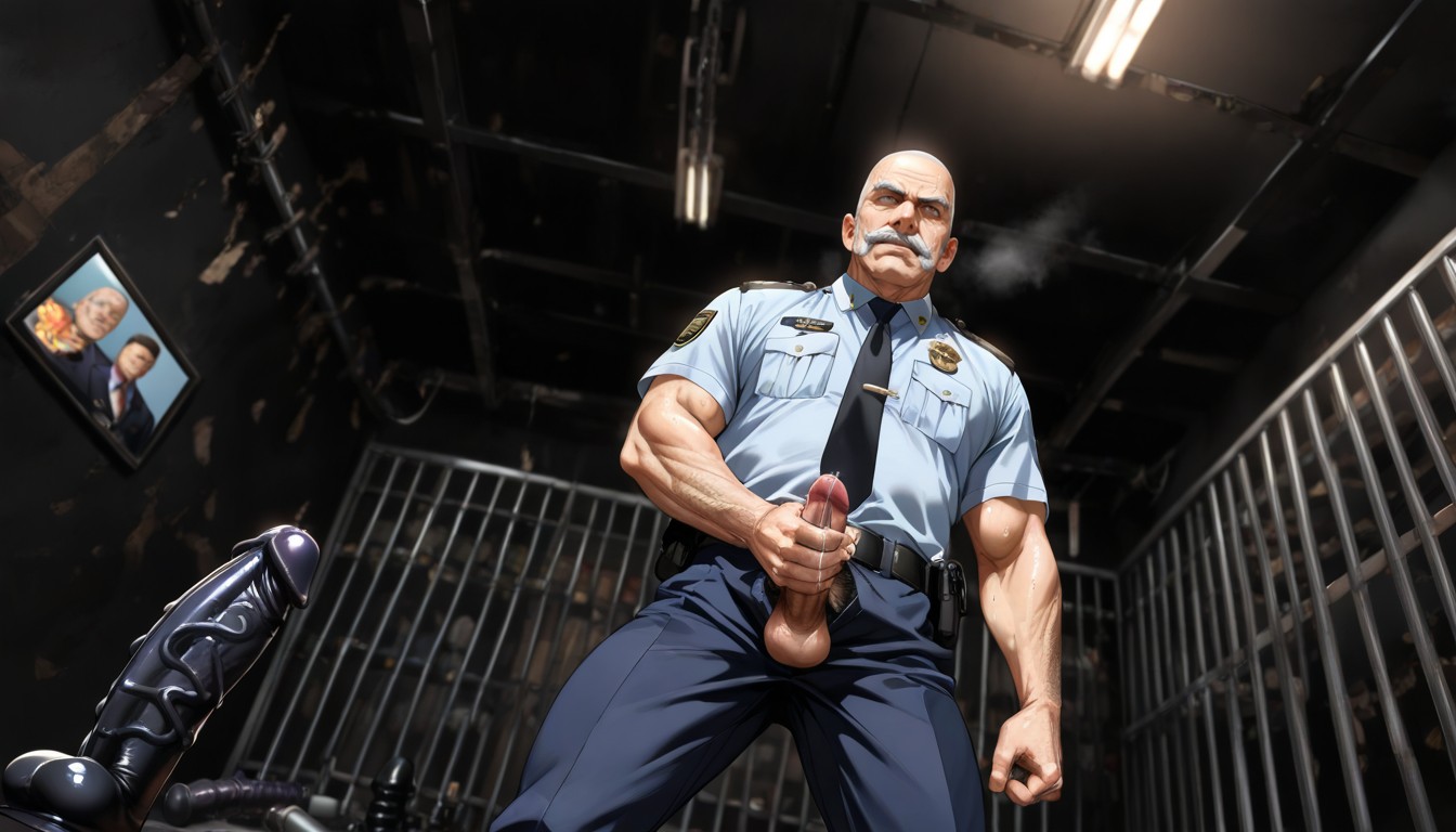 Dynamic Angle, Masturbating, Wearing A Light Blue Police Shirt AI Gay Porn