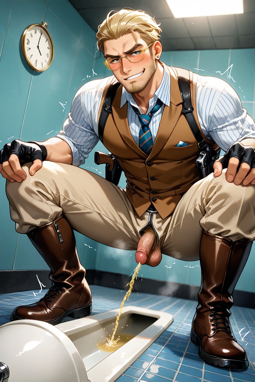 Blonde Pubic Hair, Pissing Into Squat Toilet, Hairy Testicles Out AI Gay Porn