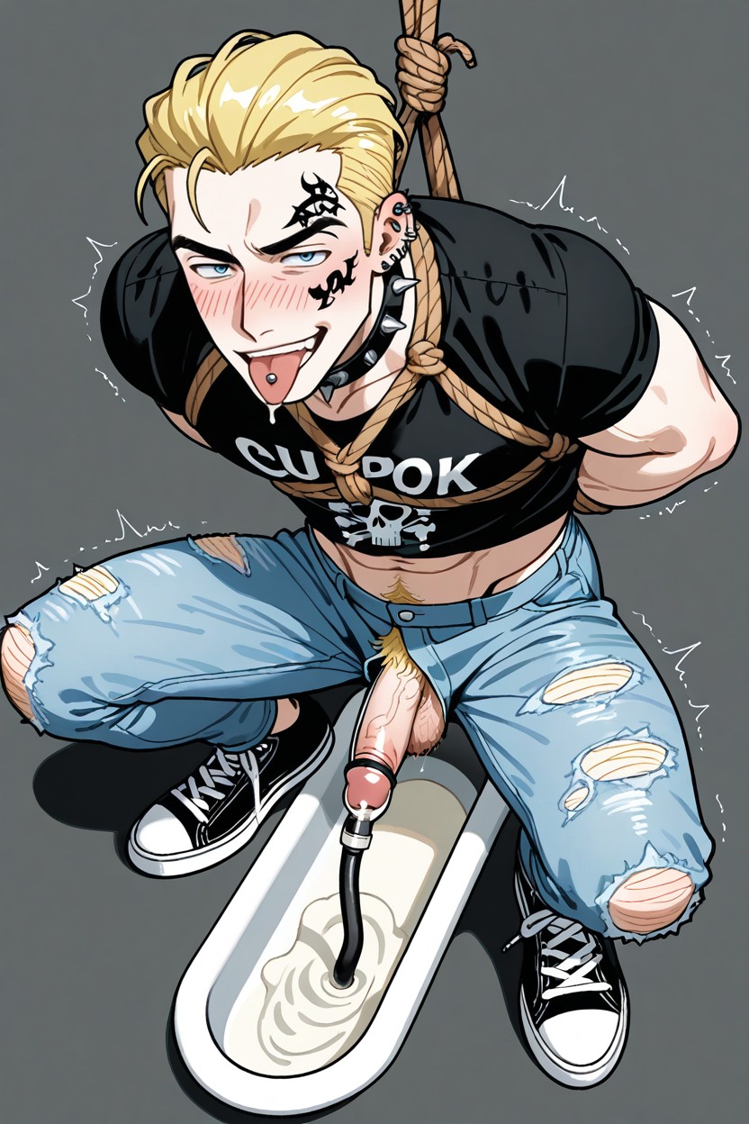 Kneeling, Spiked Black Leather Choker Collar, Blonde Pubes AI Gay Porn