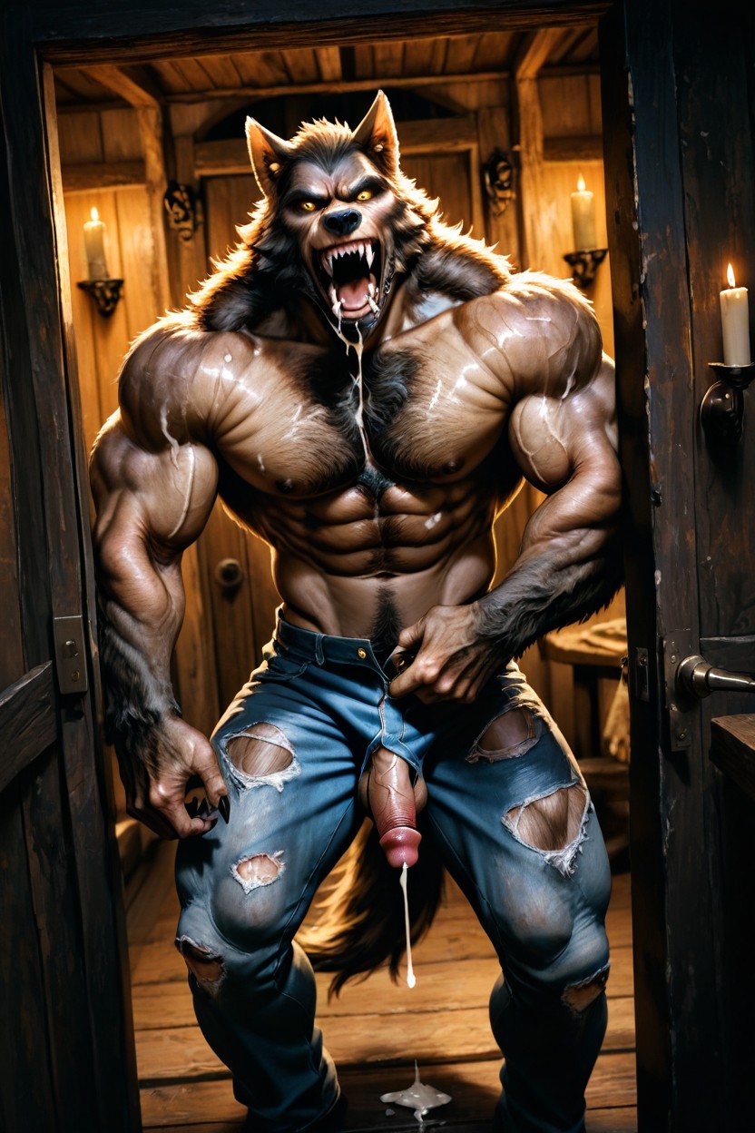 Wide-shot, Werewolf Penis Is Realistic, Highly Detailed AI Gay Porn