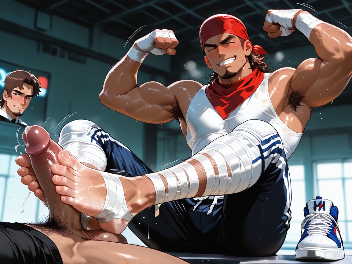 This Takes Place In A Muay Thai Gym, Jerking Off Cock With His Bandaged Feet, Volumetric AI Gay Porn