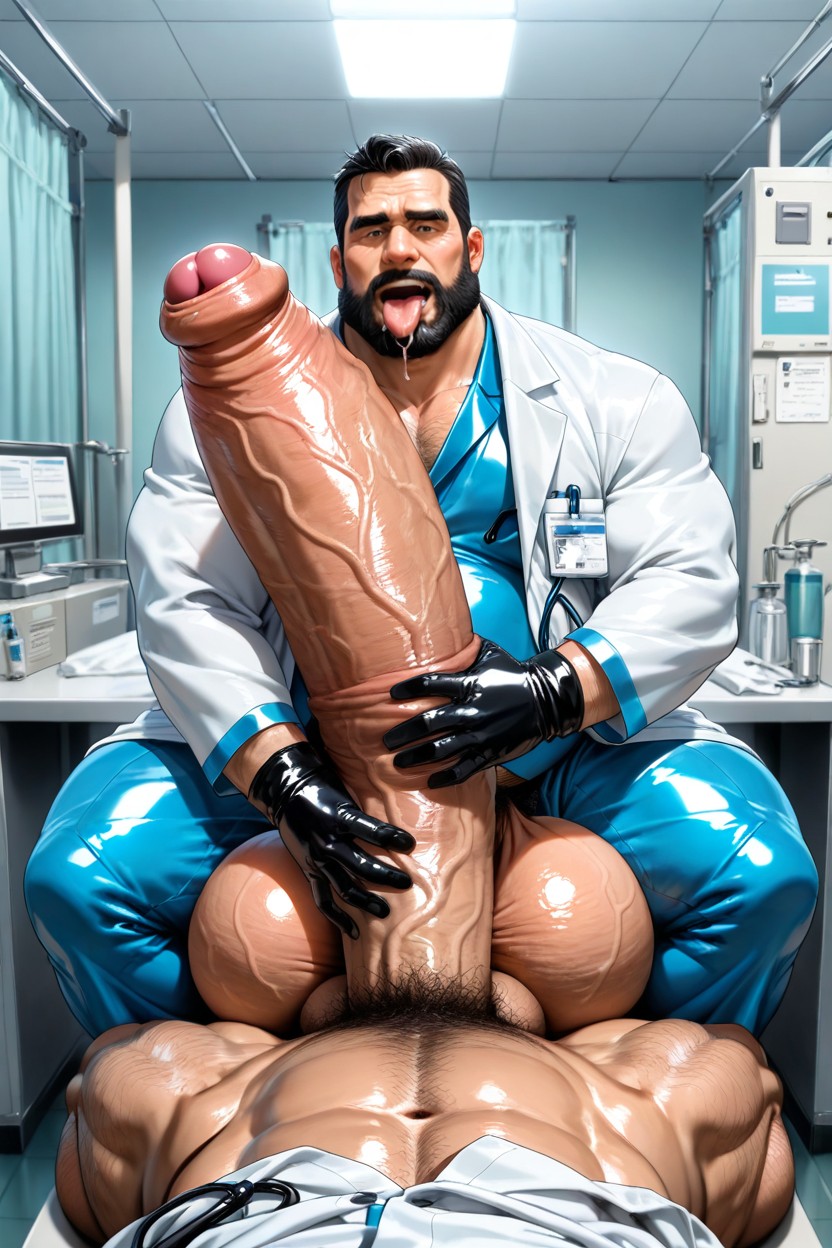Using Both Gloved Hands To Jerk Off Giant Penis, Manly Face Beard, Thick AI Gay Porn