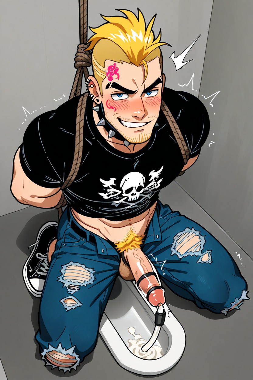 Japanese Style Squat Toilet, Face Tattoos, Milking Machine Attached To Penis AI Gay Porn