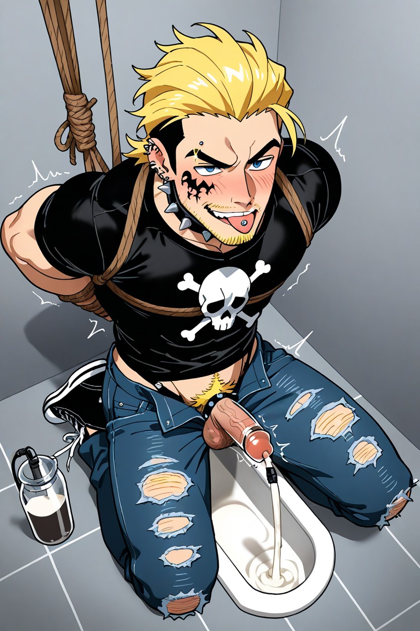 Smirk While Tongue Out, Faggot Punk, Spiked Black Leather Choker Collar AI Gay Porn