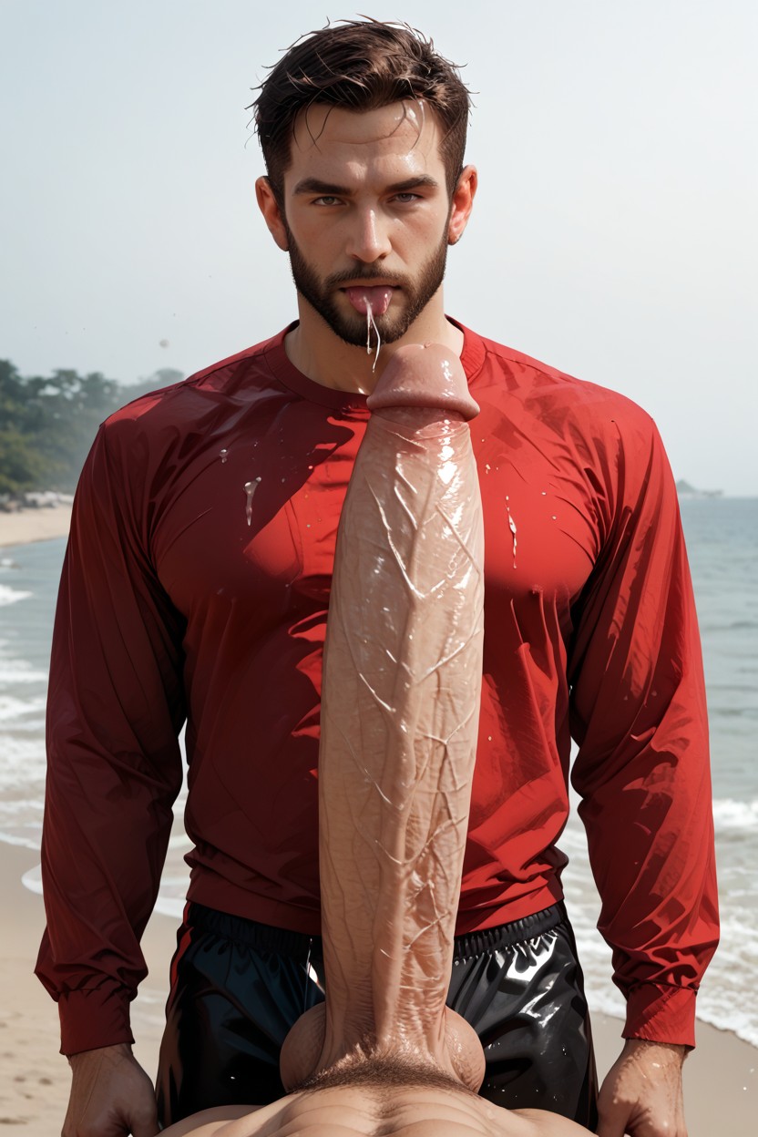 Hyper Huge Balls, Beach, A Handsome Bearded Man In Tight Swimtrunks Porno gay IA