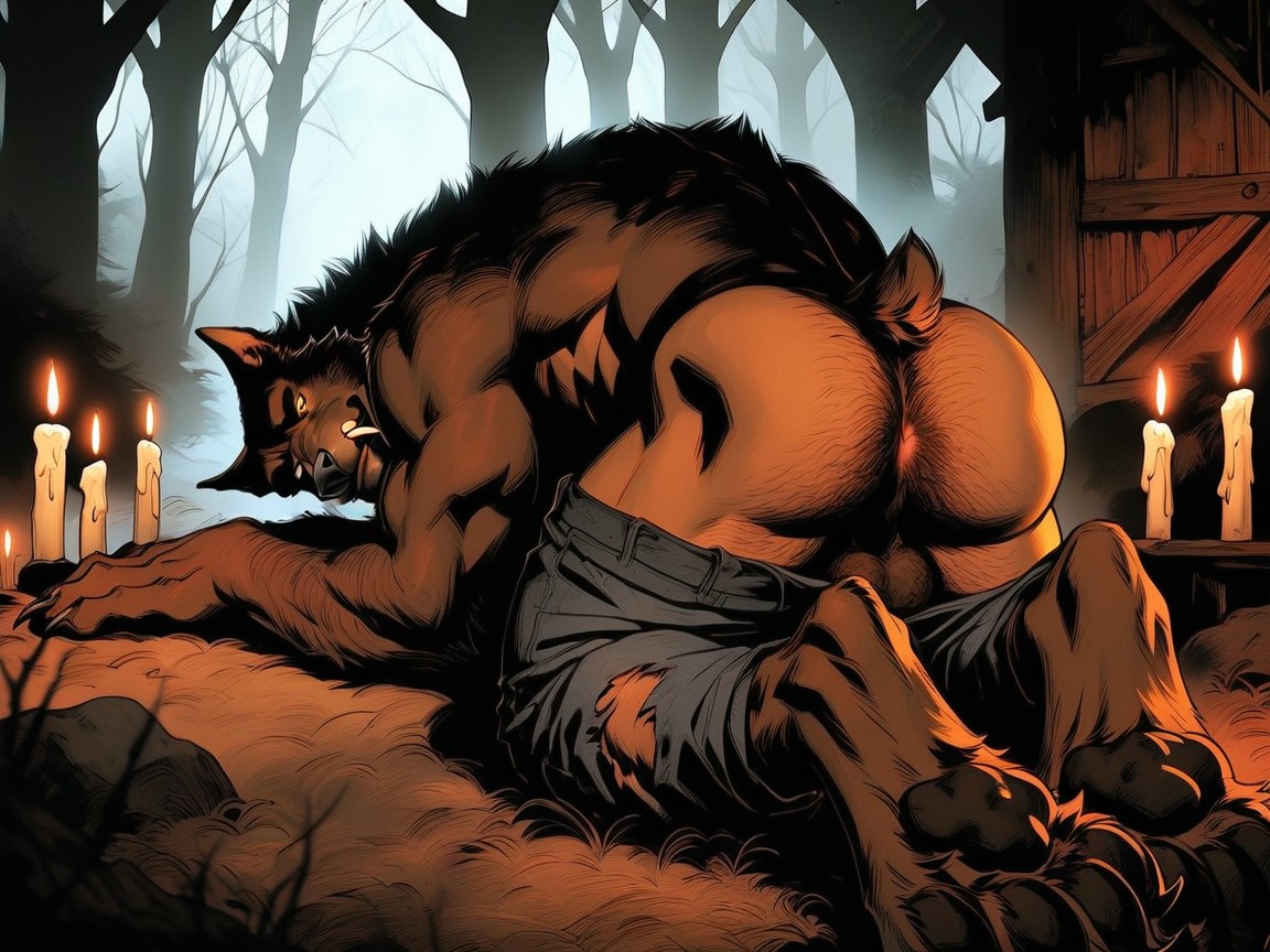 Werewolf Laying On A Shag Rug, Detailed Skin Texture, Werewolf Is Grinning Seductively Looking Back At The Viewer Longingly AI Gay Porn