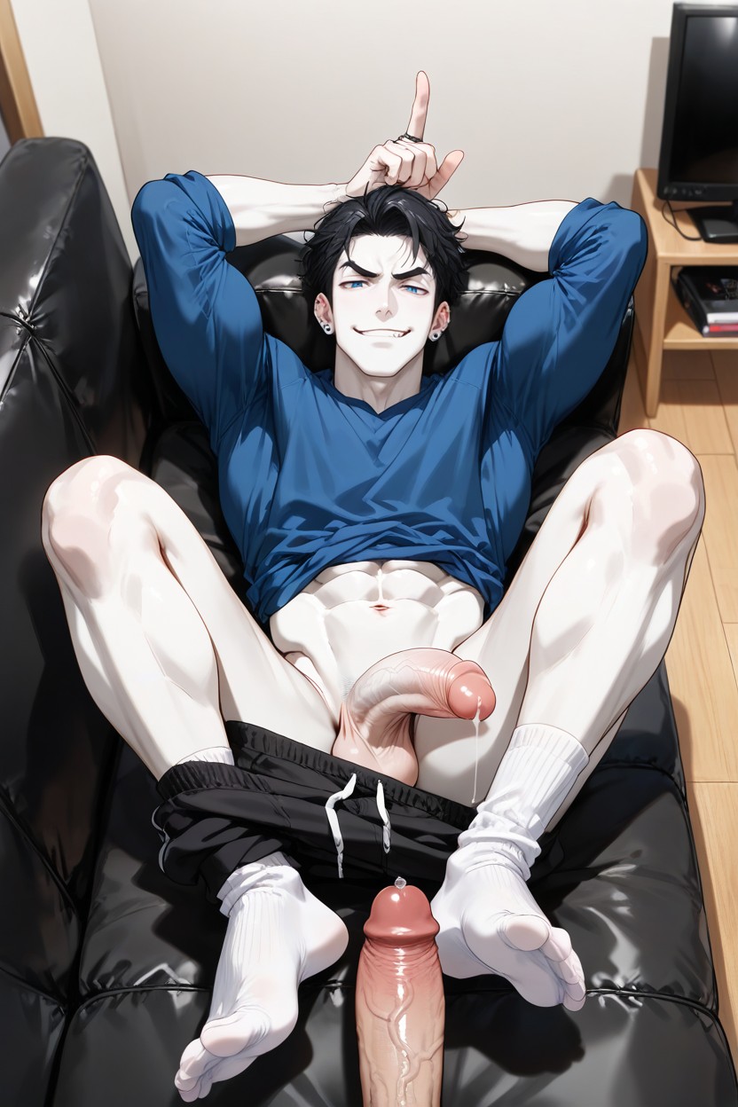 Bottom Sucks Cock, White, Laying In Sofa Watching Tv AI Gay Porn