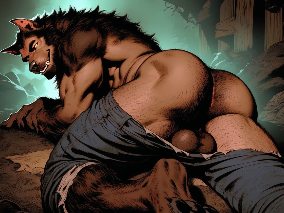 Werewolf Laying In A Rustic Wood Cabin, Rear View, Hyper-realistic AI Gay Porn