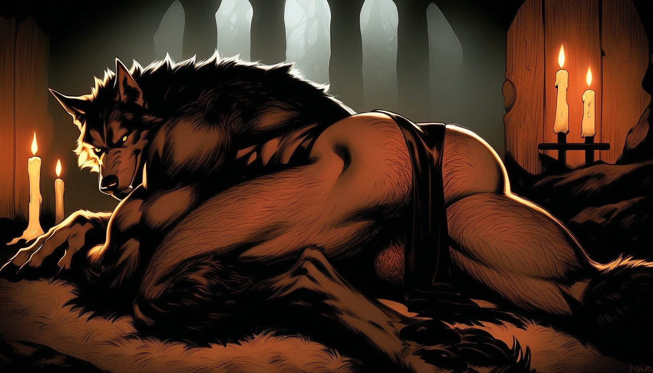 Werewolf Has A Massive Oversized Torso, Side View, Werewolf Laying On A Shag Rug AI Gay Porn