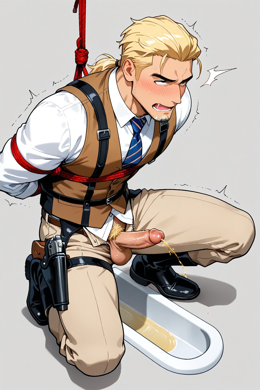Chiseled Jawline, Unzipped Zipper Fly On Pants, Pissing Into Squat Toilet AI Gay Porn