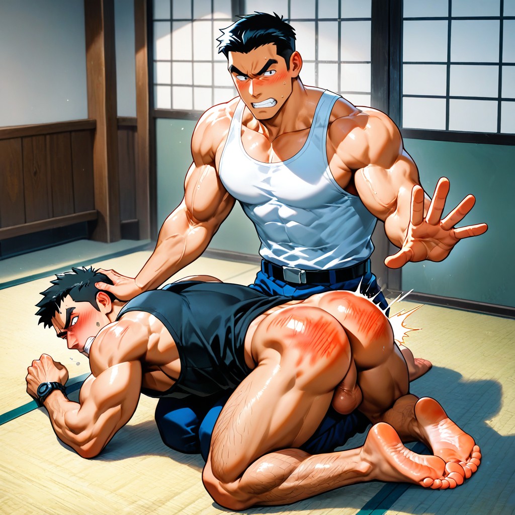 The Man Being Hit Is Straighten His Kneesthe Man Spanking Is Raising His One Hand Up To His Head, Muscular Male, Black Hair AI Gay Porn