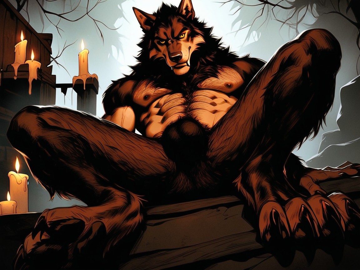 Hard Shadow, Werewolf Laying On Its Back, Yellow Eyes Porno gay IA
