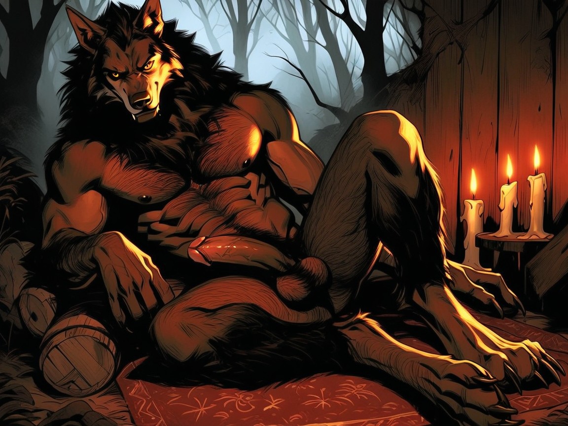 Werewolf With Arm Resting Under His Head, Wearing Ripped Open Jeans, Front View AI Gay Porn