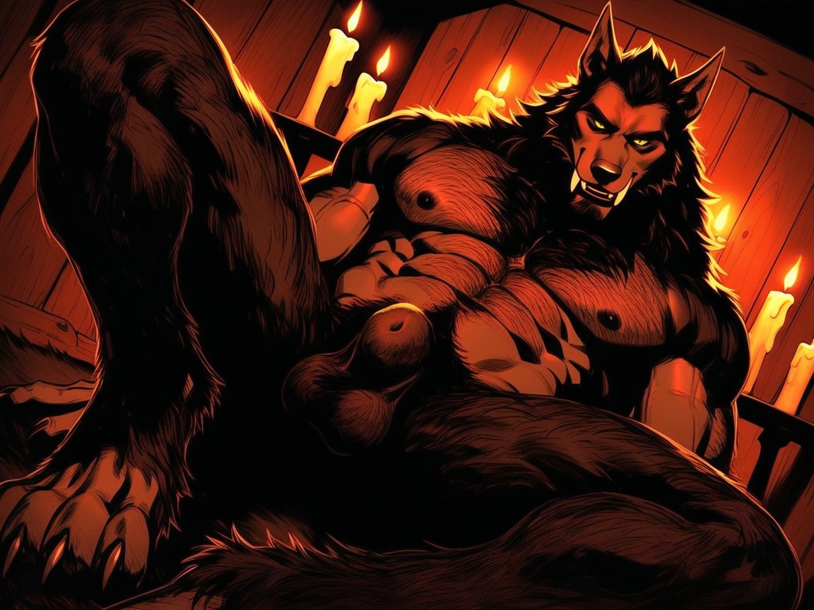 Hard Shadow, Werewolf Looking Over Its Shoulder Smiling, Detailed Skin Texture AI Gay Porn