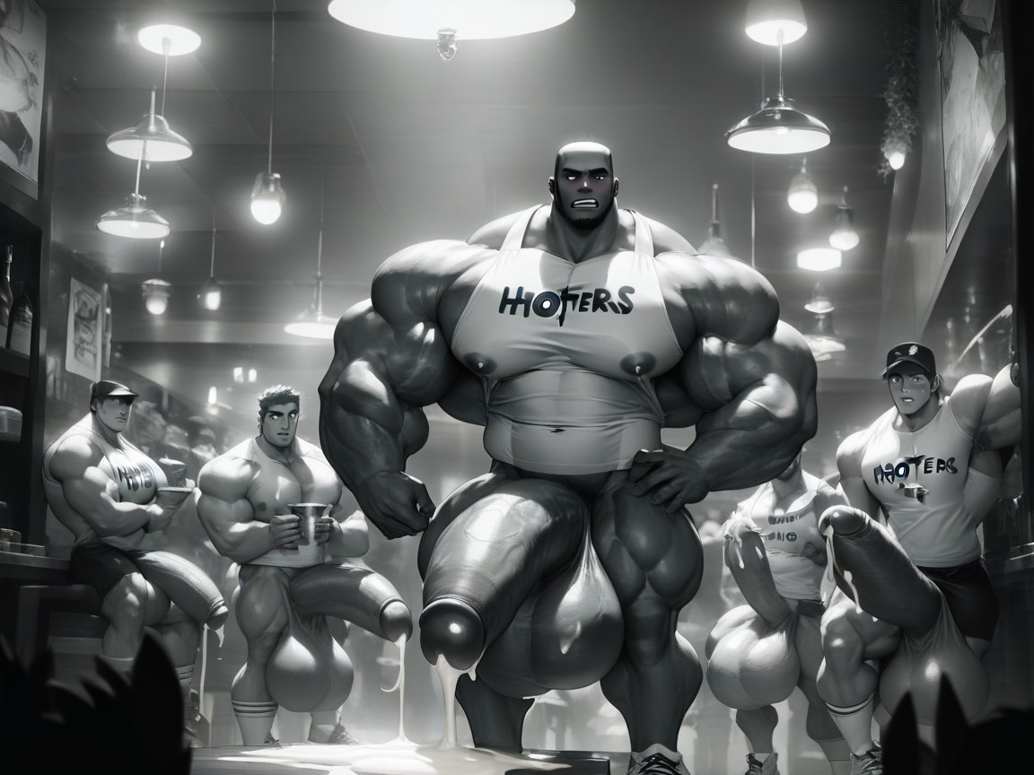 Hyper Muscled Naked Man With Giant Erect Hyper Uncut Cock Exposed, Embarassed, Hooter's Girl AI Gay Porn