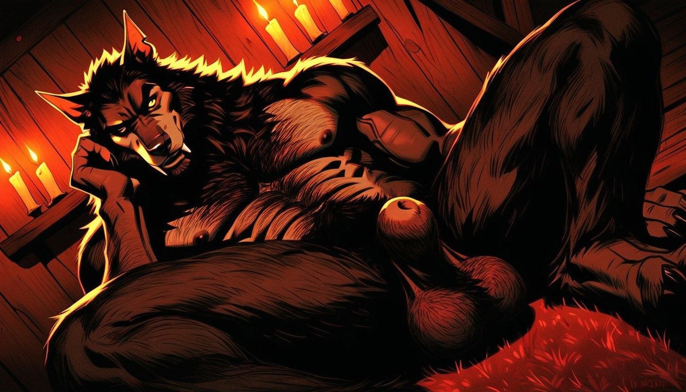 The Werewolf’s Hairy Muscular Upper Body, Hard Shadow, Large Hairy Taint AI Gay Porn