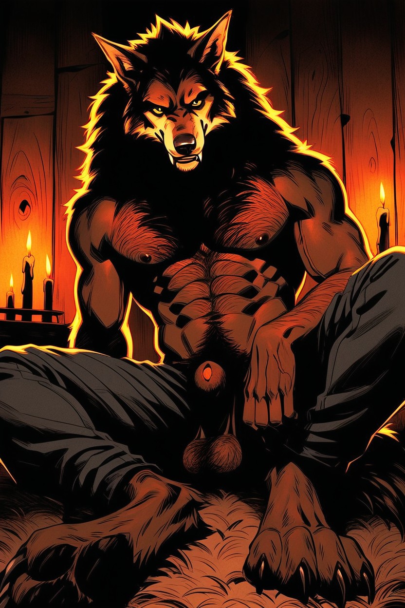 Hyper-realistic, Elongated And Enlarged Upper Body, Werewolf Laying On A Shag Rug AI Gay Porn