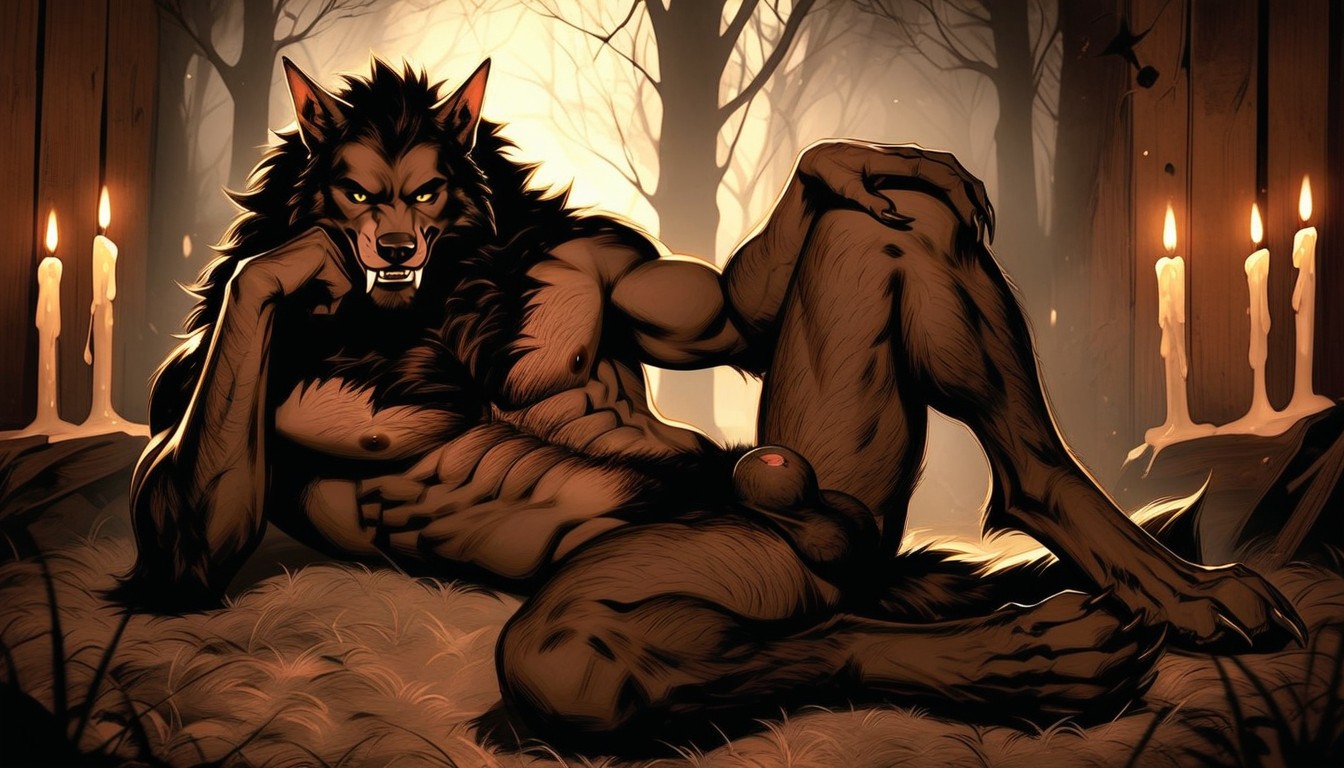 Werewolf, Soft Hairy Penis Sheath, Atmospheric Lighting With Candles AI Gay Porn