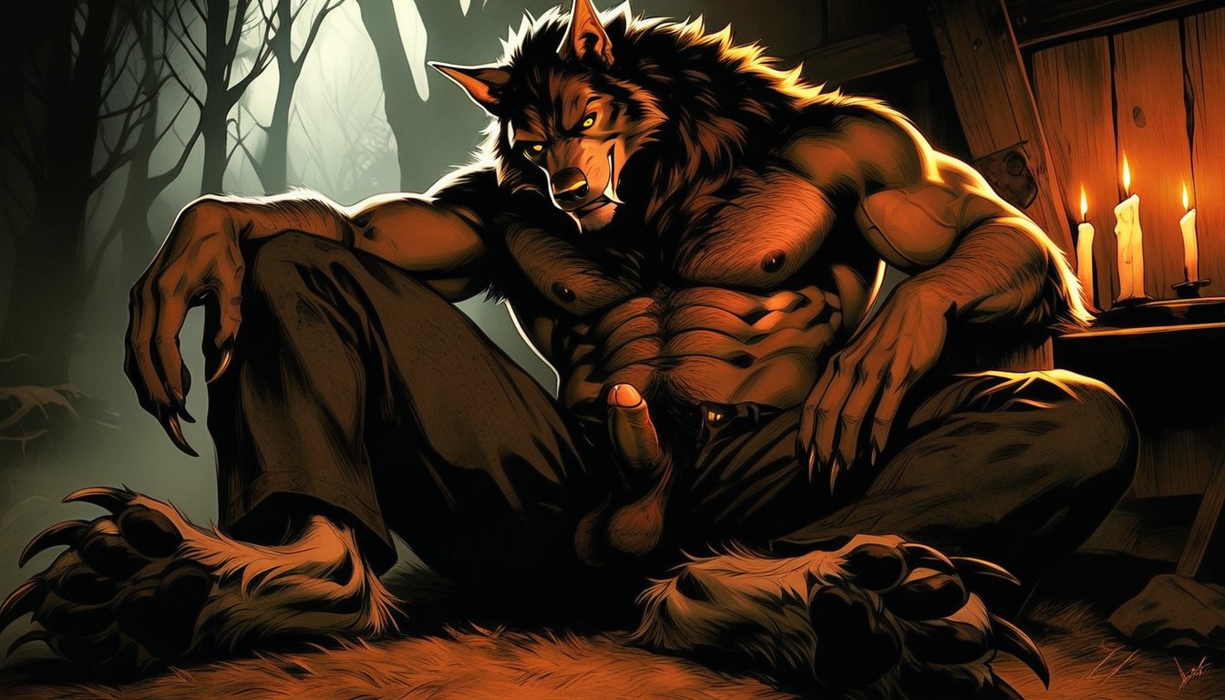 Werewolf Looking Over Its Shoulder Smiling, Tir À La Taille, Werewolf Laying On A Shag Rug In Front Of A Warm Fire Place Porno IA Gay