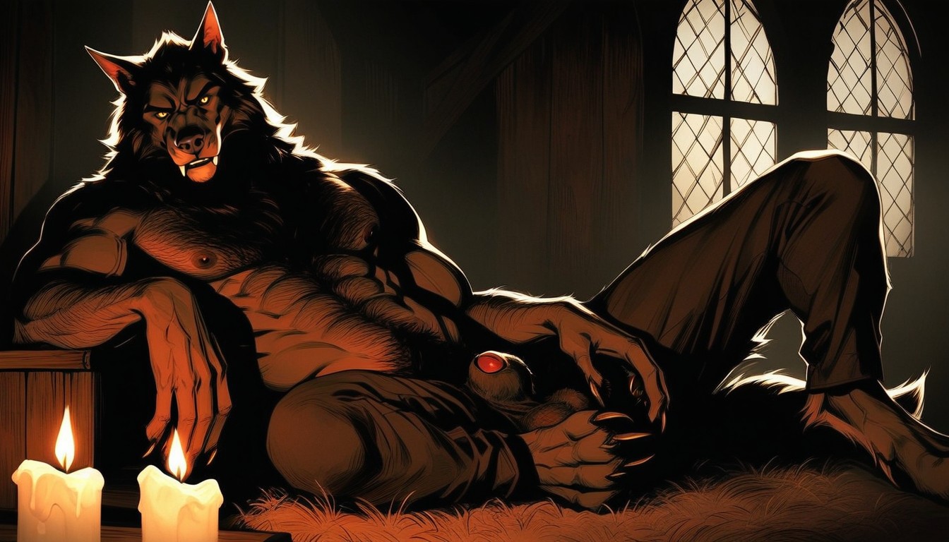 Werewolf Laying On A Shag Rug, Pink Butthole Visible, Hyper-realistic` Porno gay IA