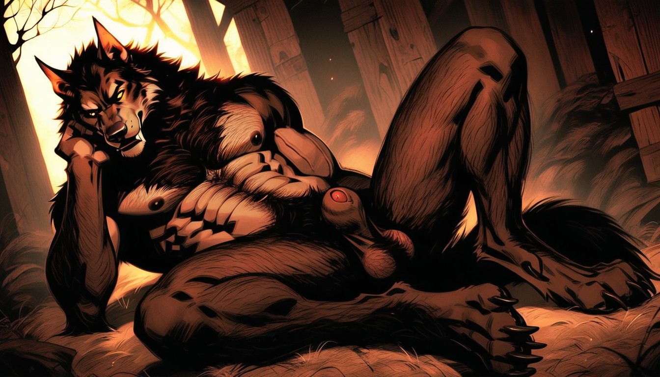 Detailed Brown Fur, Wearing Ripped Open Jeans, Yellow Eyes AI Gay Porn