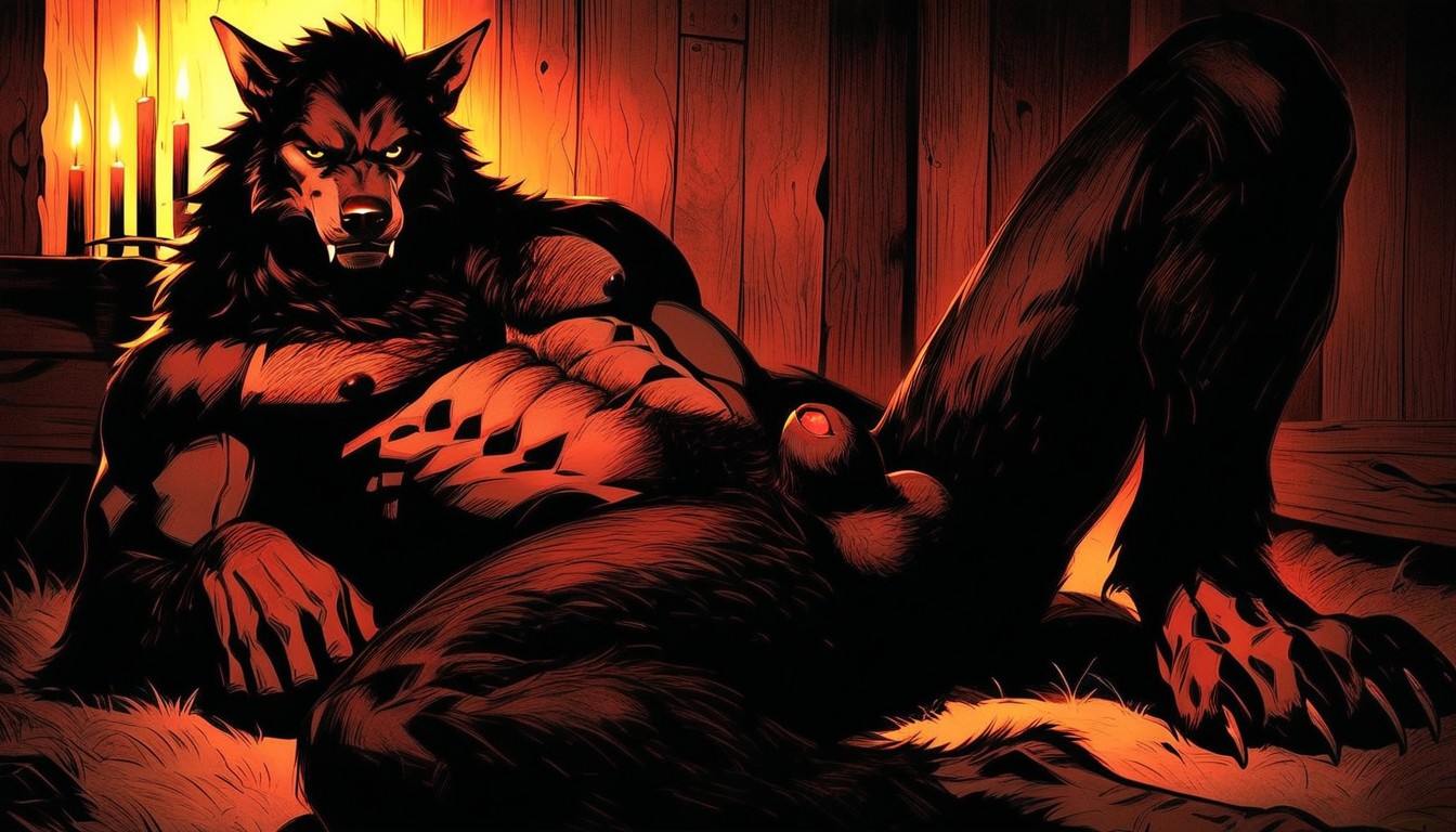 Werewolf Legs Spread Wide Open, Werewolf Laying On A Shag Rug In Front Of A Warm Fire Place, The Werewolf’s Hairy Muscular Upper Body AI Gay Porn