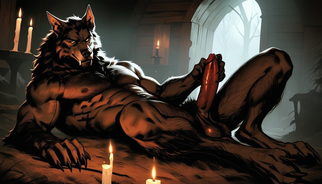 Werewolf, Desaturated Cool Tones, The Werewolf’s Hairy Muscular Upper Body AI Gay Porn
