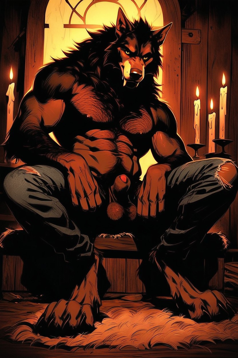 Large Hairy Taint, Side View, Werewolf Legs Spread Wide Open AI Gay Porn