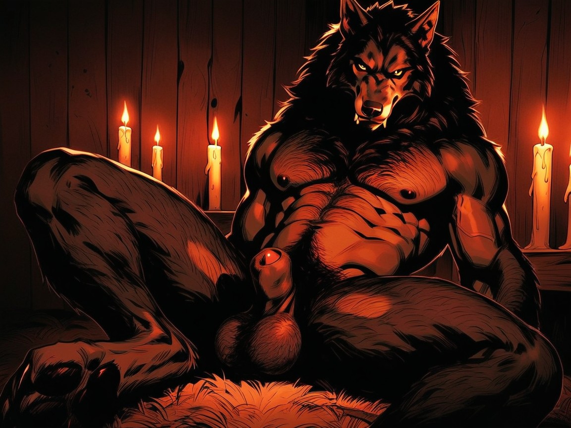 Spreading Legs, Werewolf Laying On Its Back, Yellow Eyes AI Gay Porn