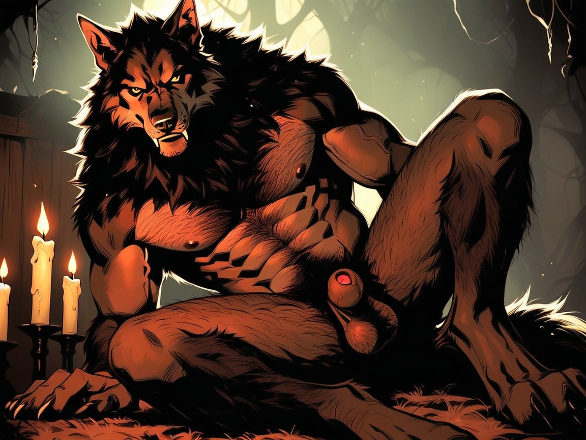 Werewolf, Legs Spread And Posing Seductively, Werewolf Laying On A Shag Rug In Front Of A Warm Fire Place AI Gay Porn