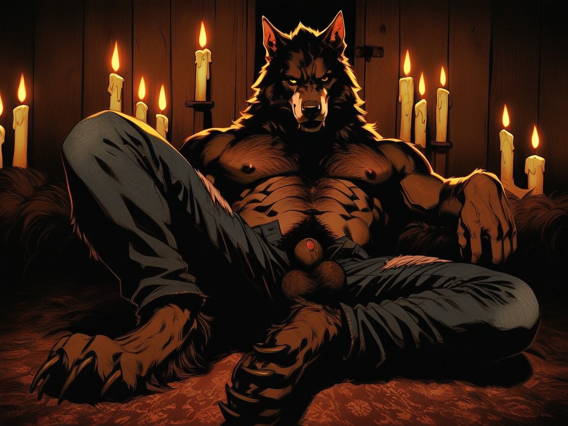 Pink Butthole Visible, Highly Realistic Werewolf, Spreading Legs AI Gay Porn