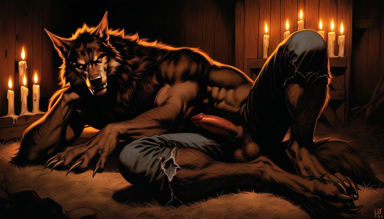 Soft Hairy Penis Sheath, Werewolf Is Grinning Seductively Looking Back At The Viewer Longingly, Legs Spread And Posing Seductively AI Gay Porn