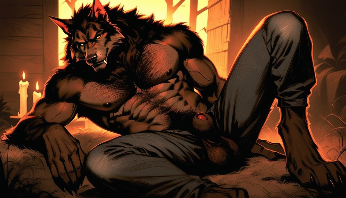 Werewolf Laying On A Shag Rug, Large Hairy Taint, Werewolf With Arm Resting Under His Head AI Gay Porn
