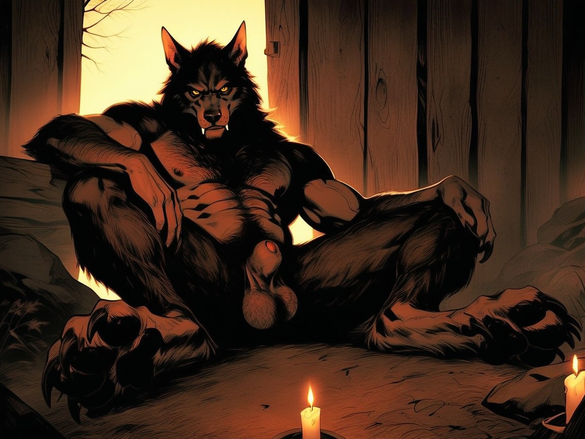 Werewolf Has A Massive Oversized Torso, Hyper-realistic`, Werewolf Laying On A Shag Rug AI Gay Porn