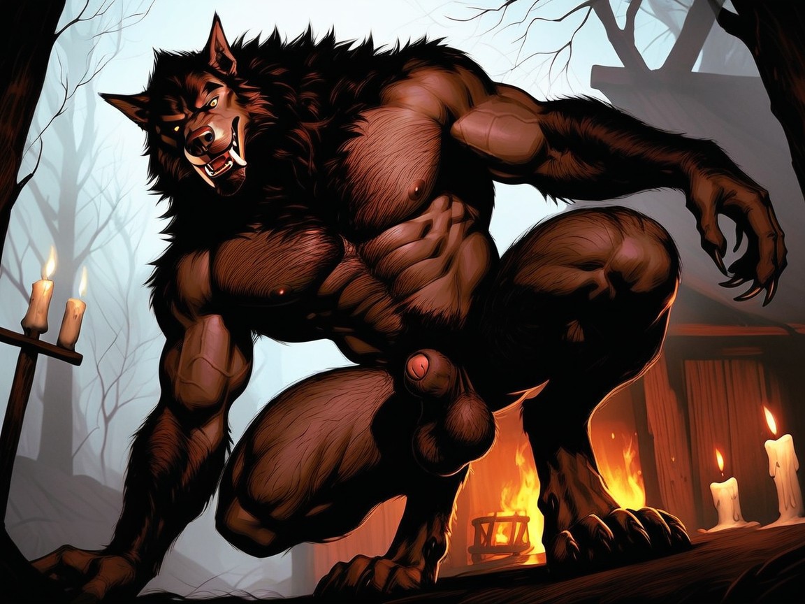 Werewolf Legs Spread Wide Open, The Werewolf’s Hairy Muscular Upper Body, Naked AI Gay Porn
