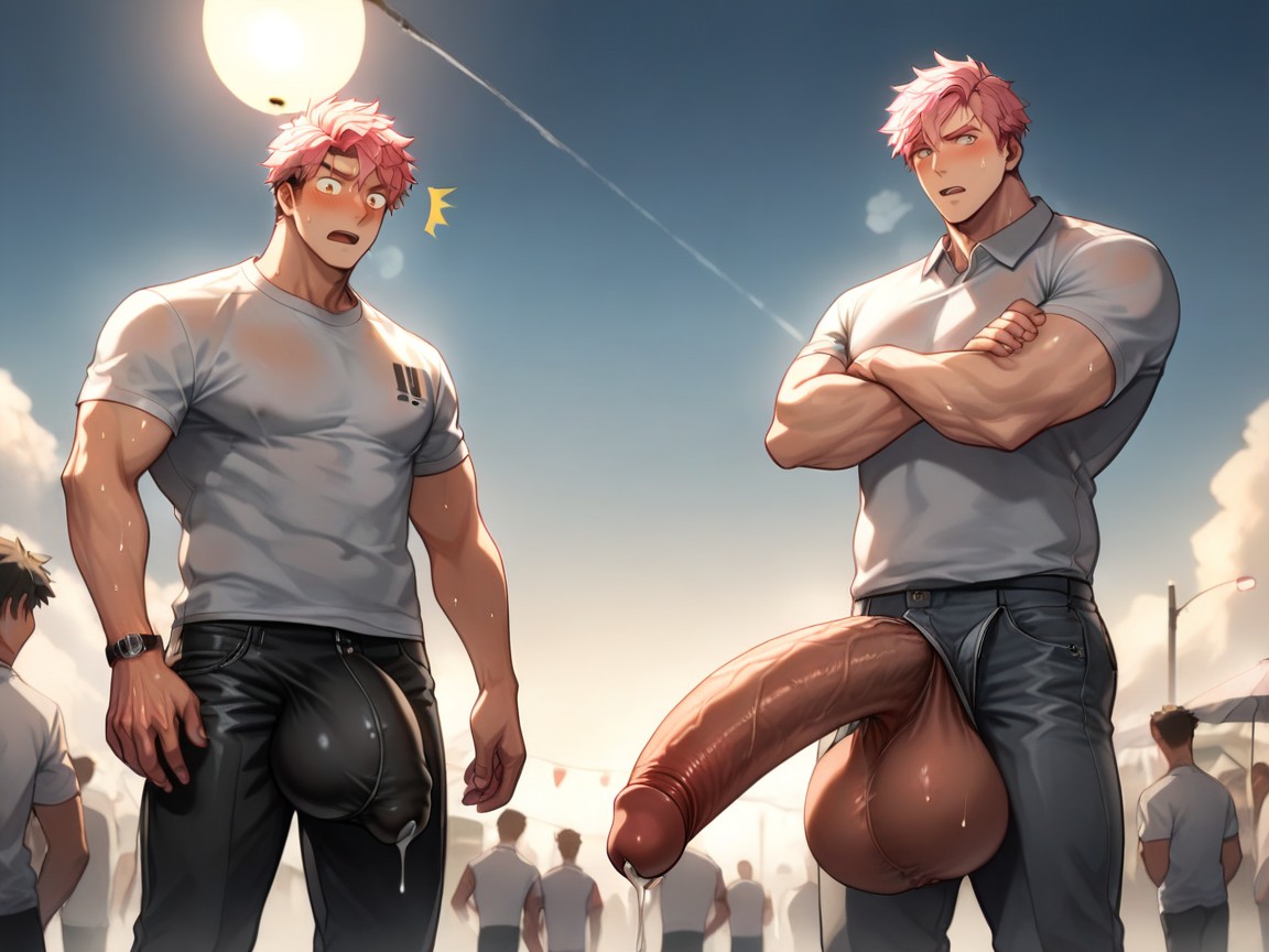 Looking Surprised At Penis, Longer And Thicker Than Arm, Men In Background Gather To Watch Porno gay IA