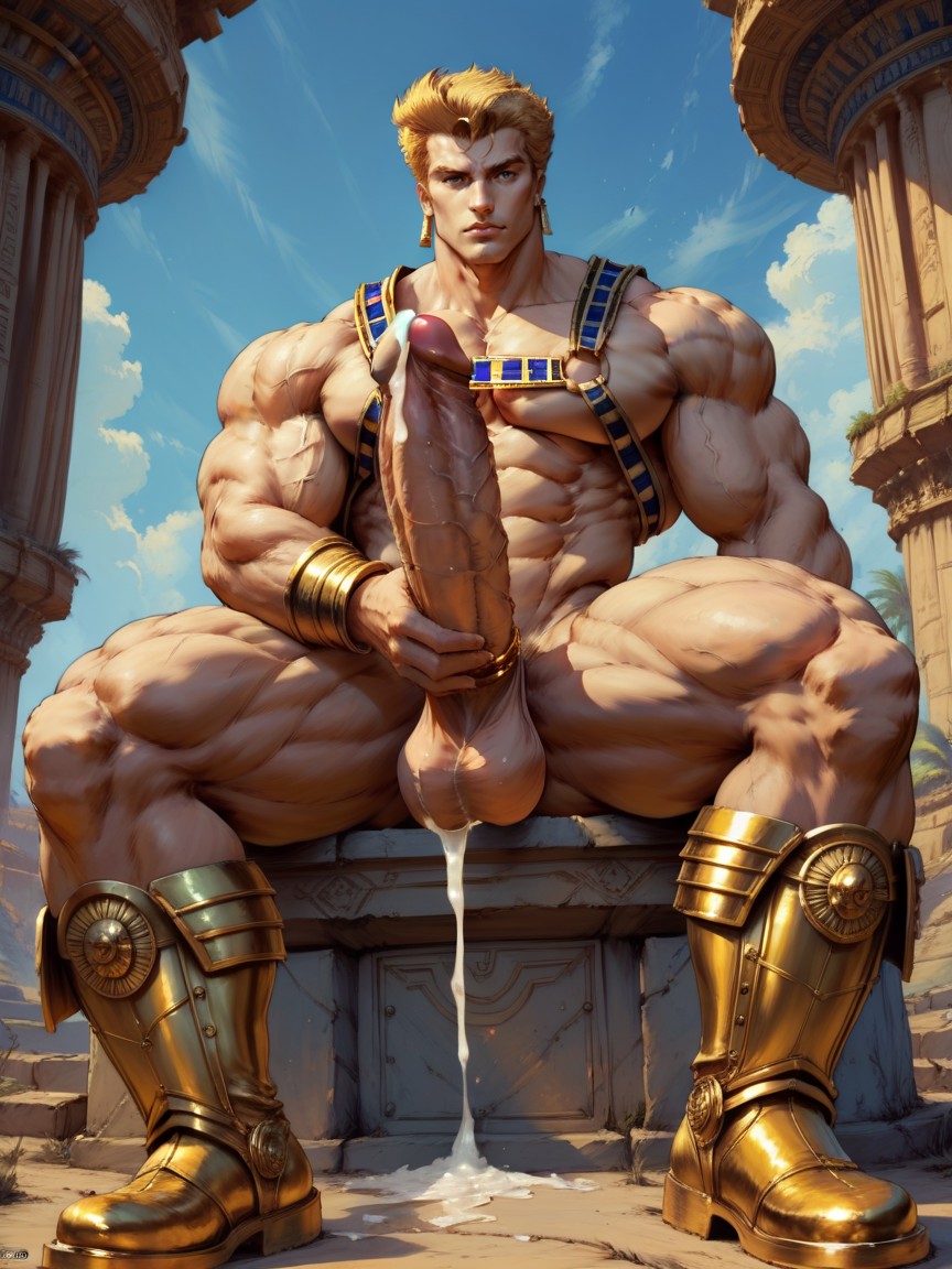 Huge Cock, Wearing Aztec Jewelry And Chest Harness, Alone AI Gay Porn