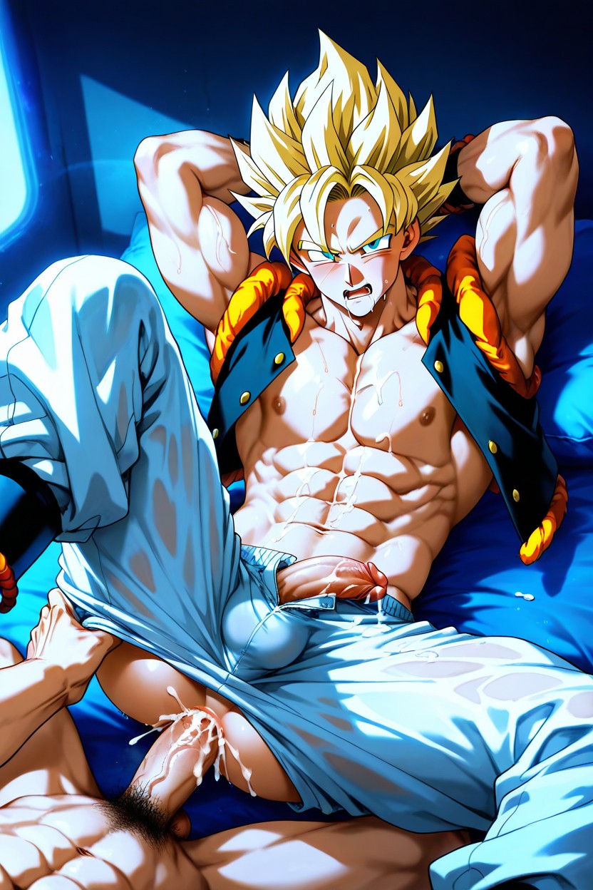 Hair With Single Bang, Bottom's Flaccid Penis Stroke By The Top Hand, Bottom's Pants Pulled Down AI Gay Porn
